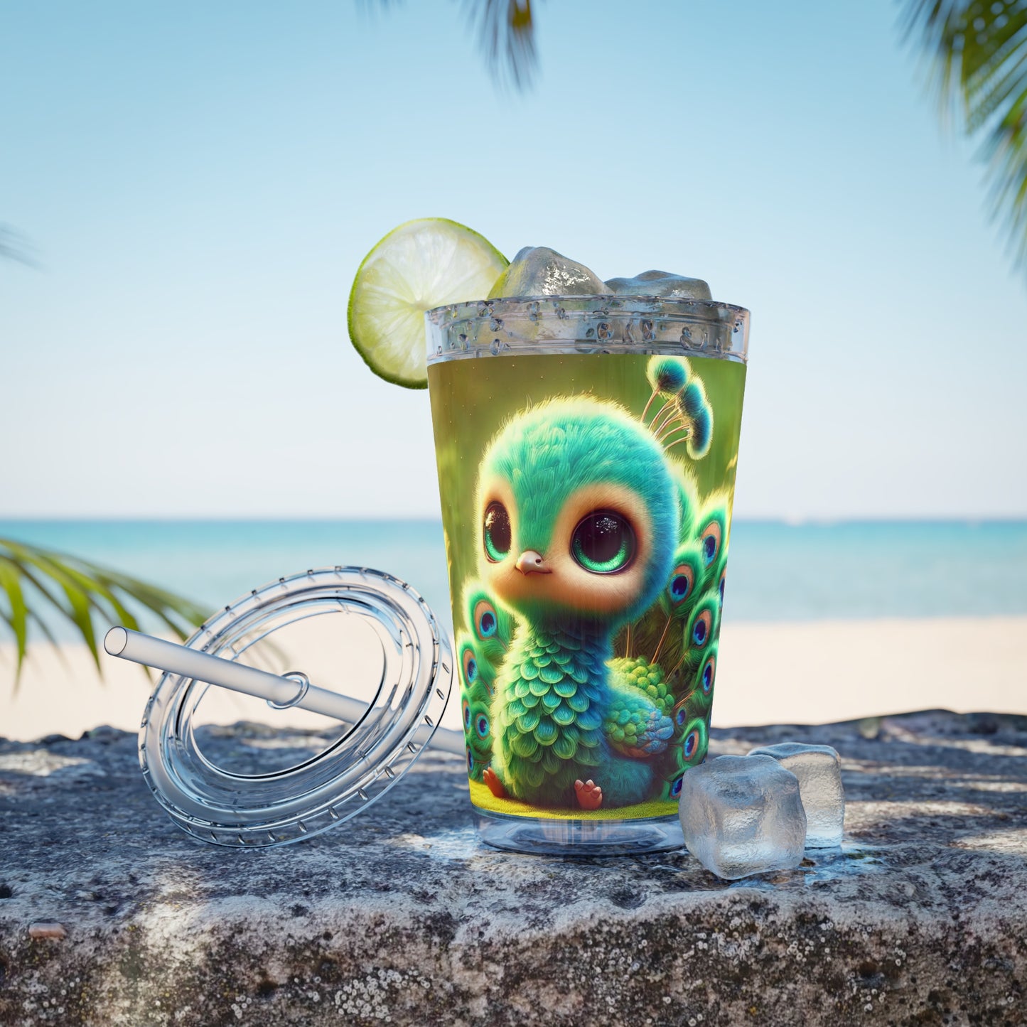 Tropical Tumbler with Straw | 16oz Colorful Travel Cup / Baby Peacock