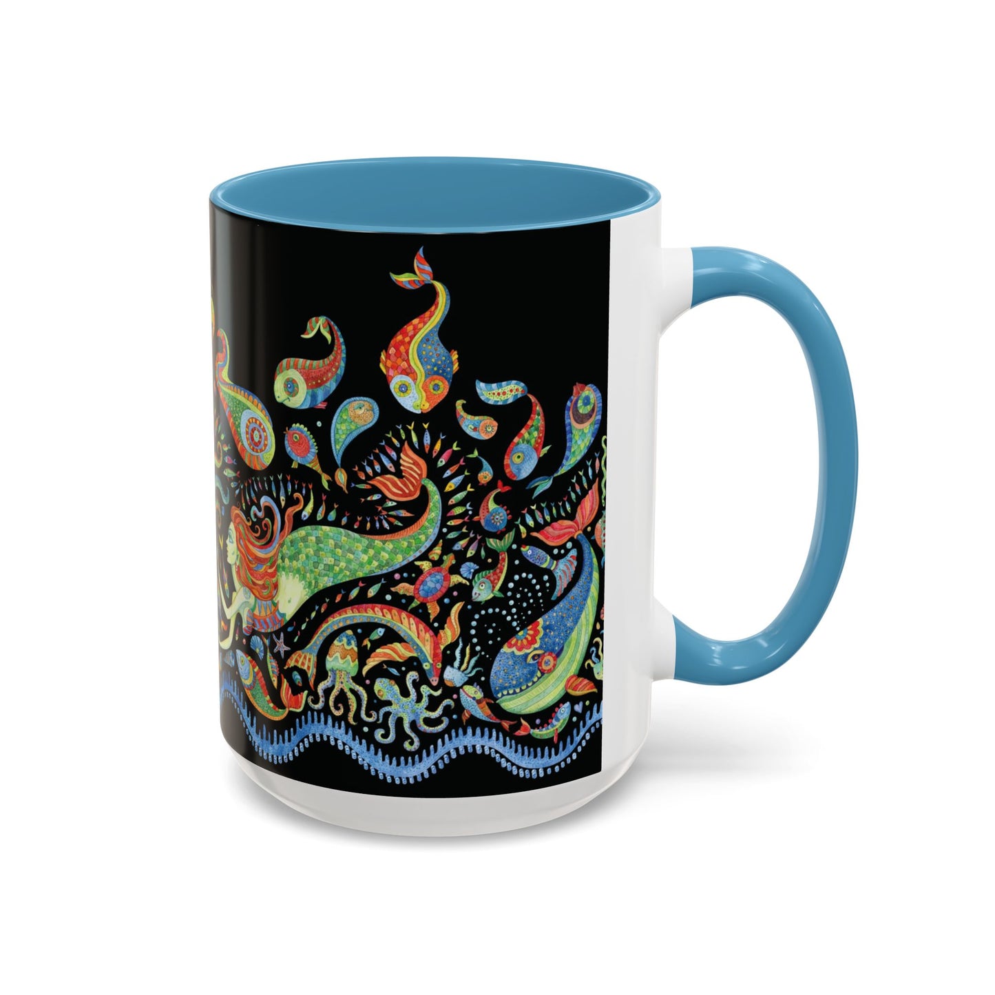 Mermaid Kingdom/Black, Coffee Mug, 8 Colors - Fun Tropical Drinkware for Beach Vibes