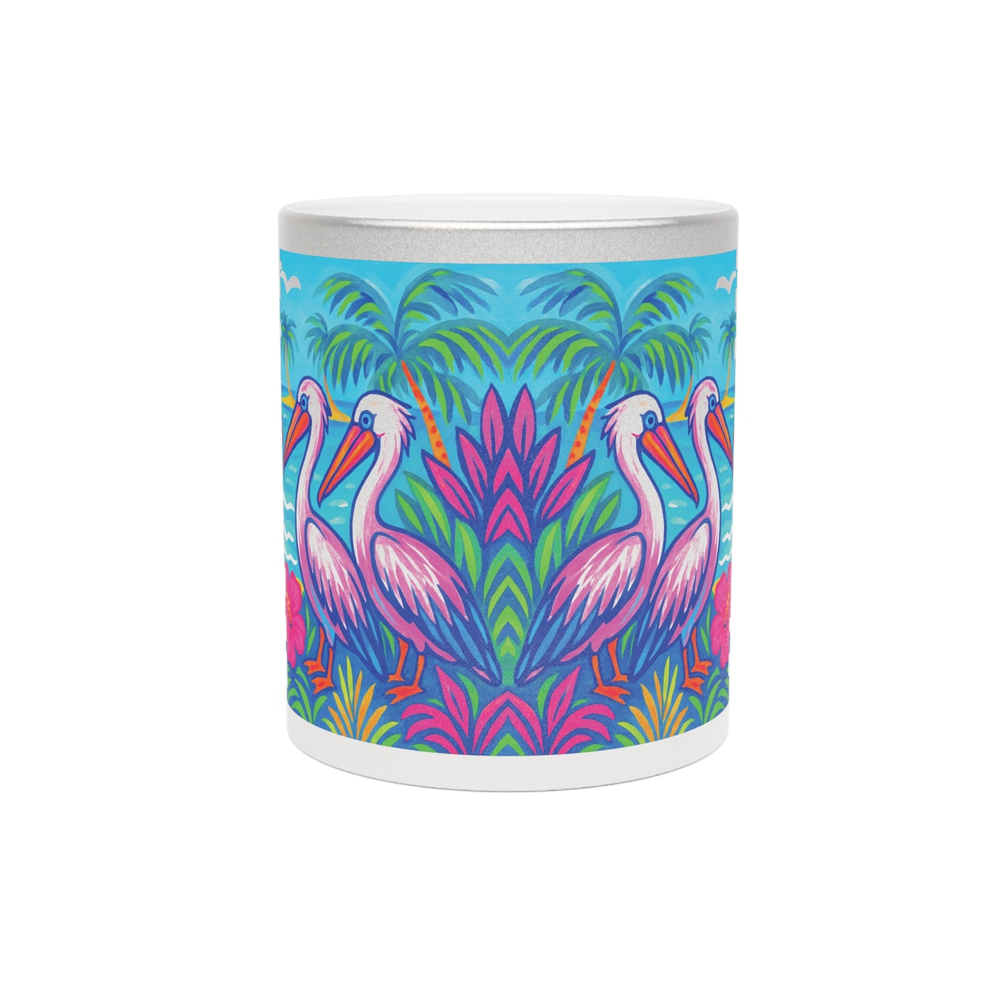 Tropical Metallic Mug, Gold or Silver: Beach Pelicans