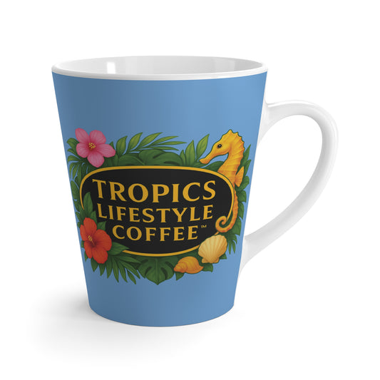 Latte White Mug - Seahorse Fantasy, Lt. Blue / TLCoffee Logo