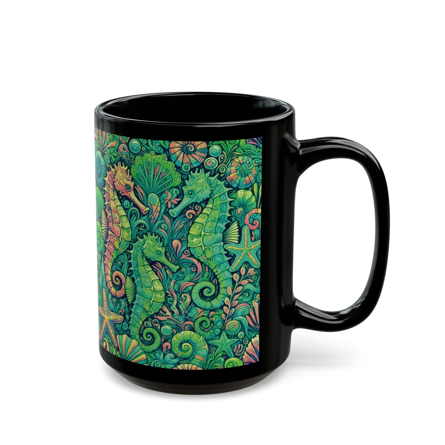 Black Coffee Mug - Seahorse Trio, Lime