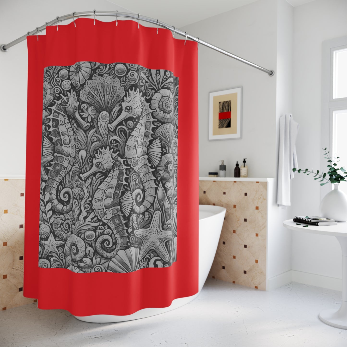 Tropical Shower Curtain - Ocean Bathroom Decor / Seahorse Trio Noir/Red