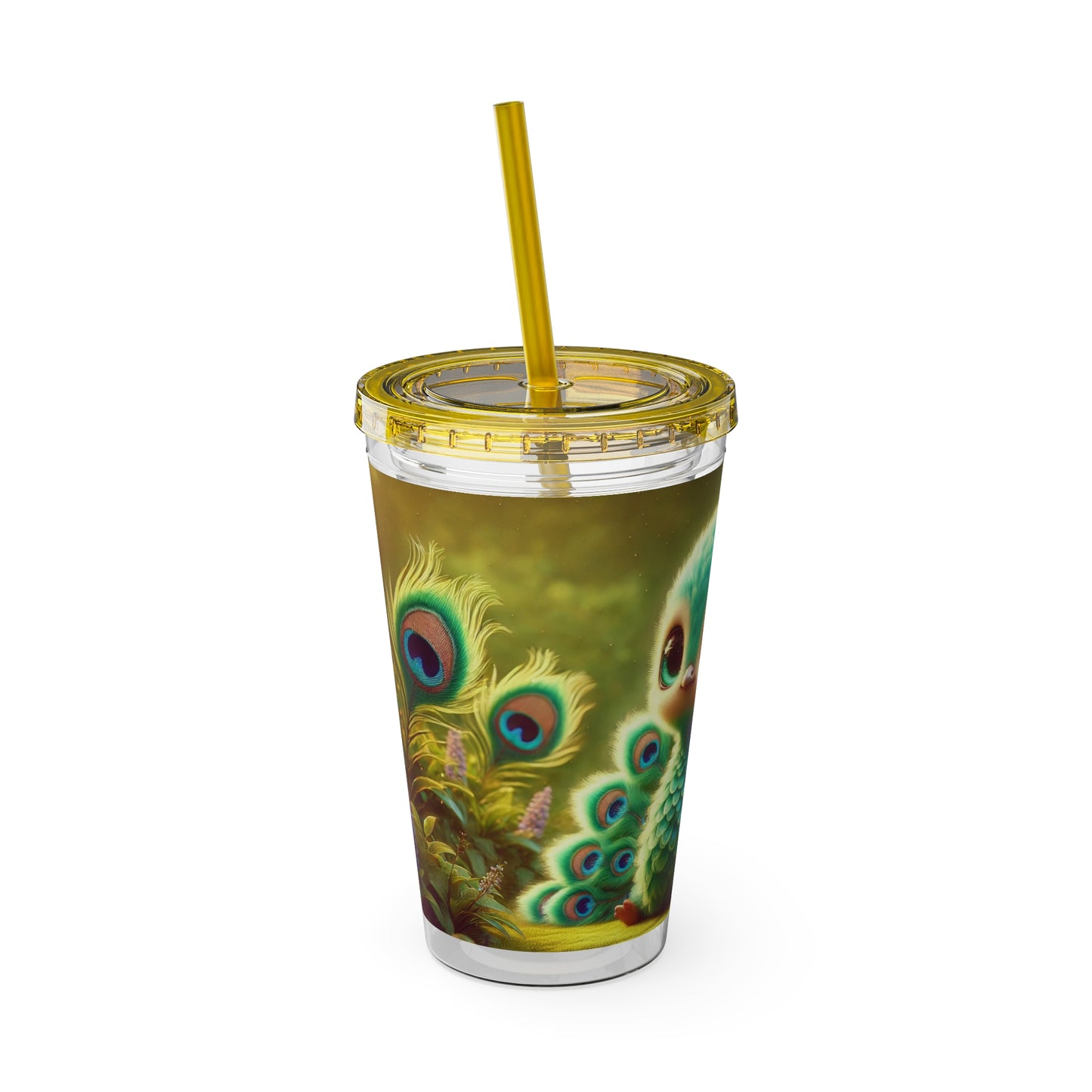 Tropical Tumbler with Straw | 16oz Colorful Travel Cup / Baby Peacock