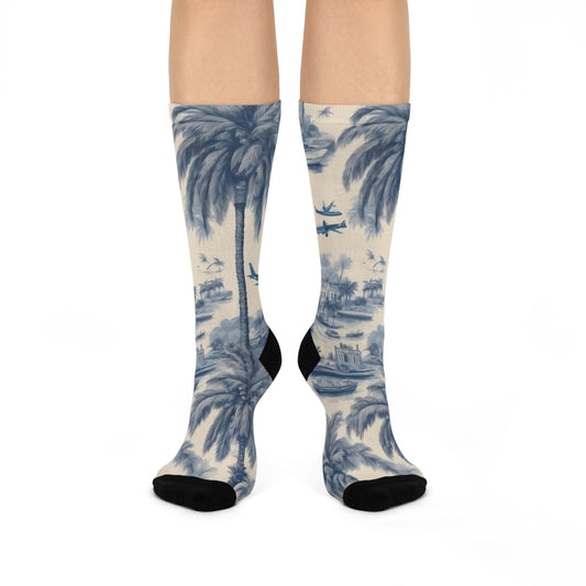 Cushioned Crew Socks - Tropical Toile, Dark Blue