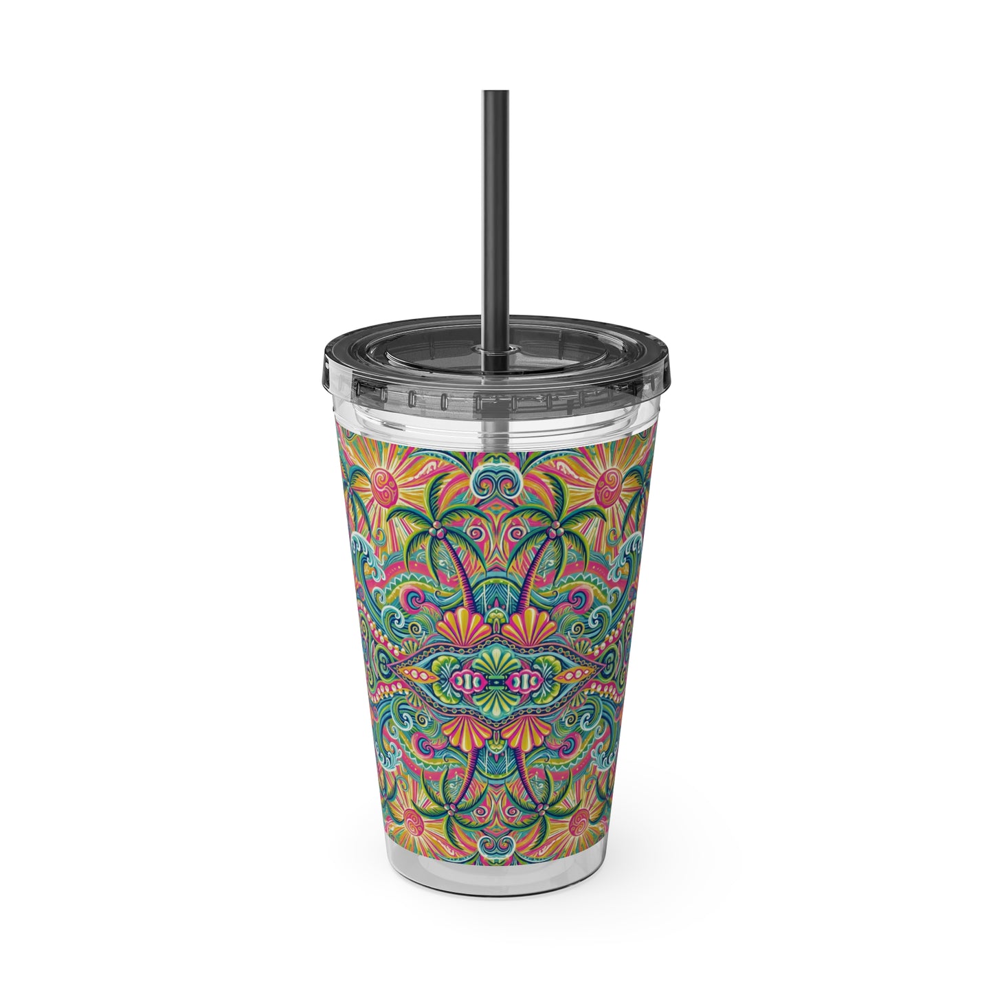 Tropical Tumbler with Straw | 16oz Colorful Travel Cup / Kaleido Bay