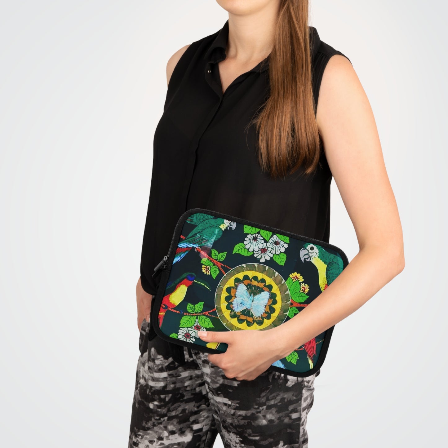 Tropical Laptop Sleeve, 5 Sizes - Perfect for Beach Lovers & Students / Parrots & Real Butterfly Wings Art
