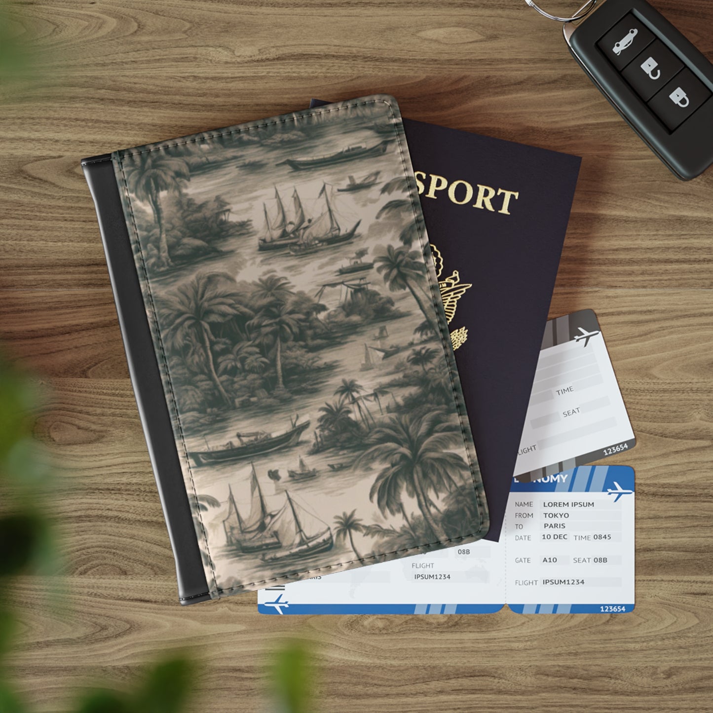 Tropical Passport Cover, Faux Leather - RFID blocking for travel security / Tropical Toile, Black