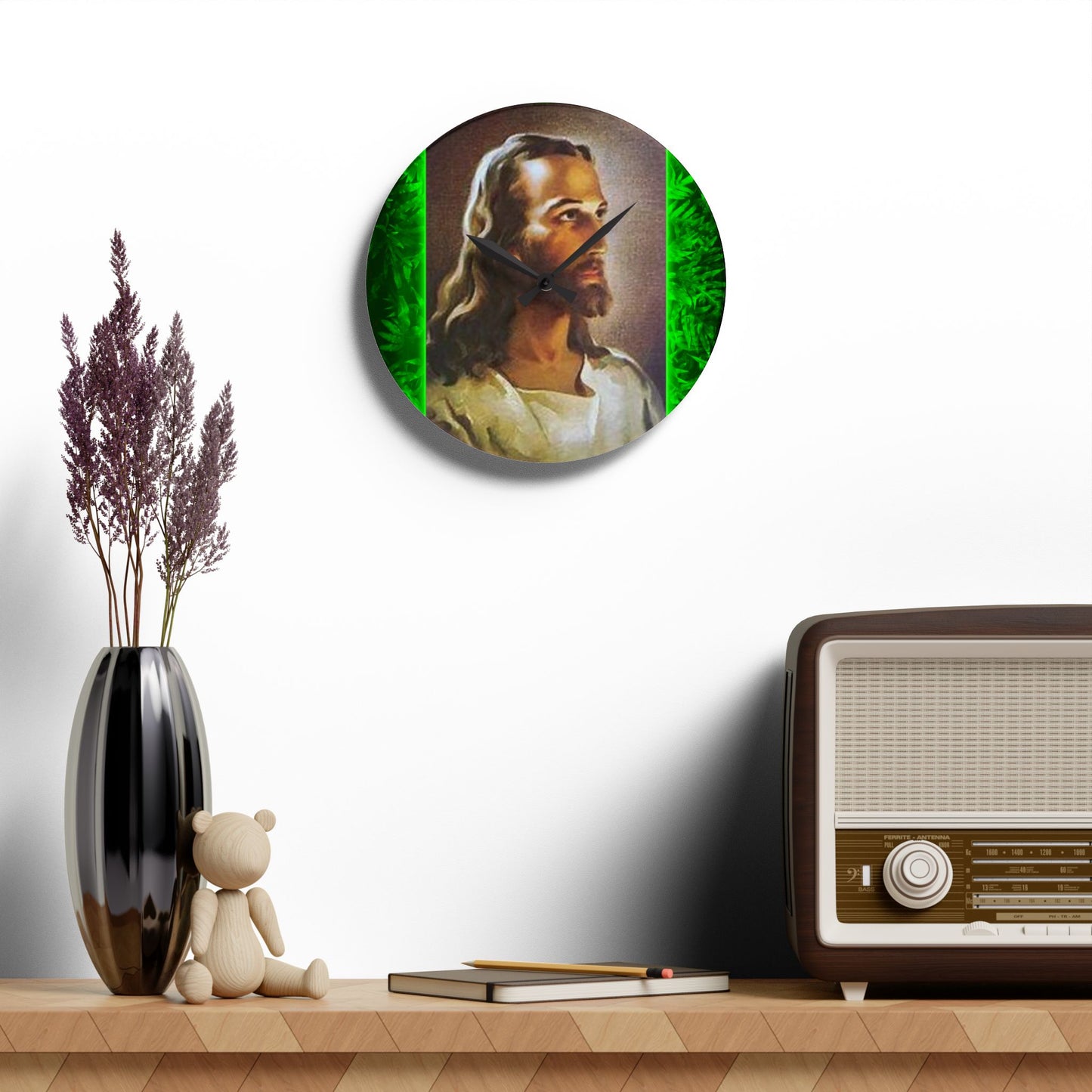 "Tropical Glow Head of Christ"  Acrylic Wall Clock - Elegant Religious Decor for Home and Office