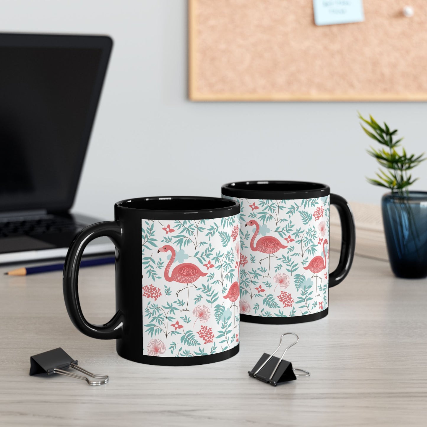 Black Coffee Mug - Happy Flamingos