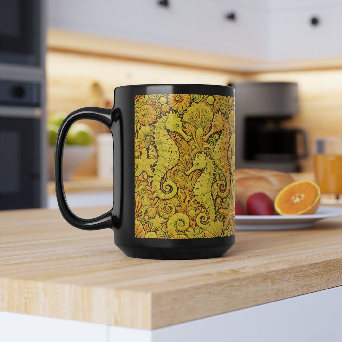 Black Coffee Mug - Seahorse Fantasy, Yellow