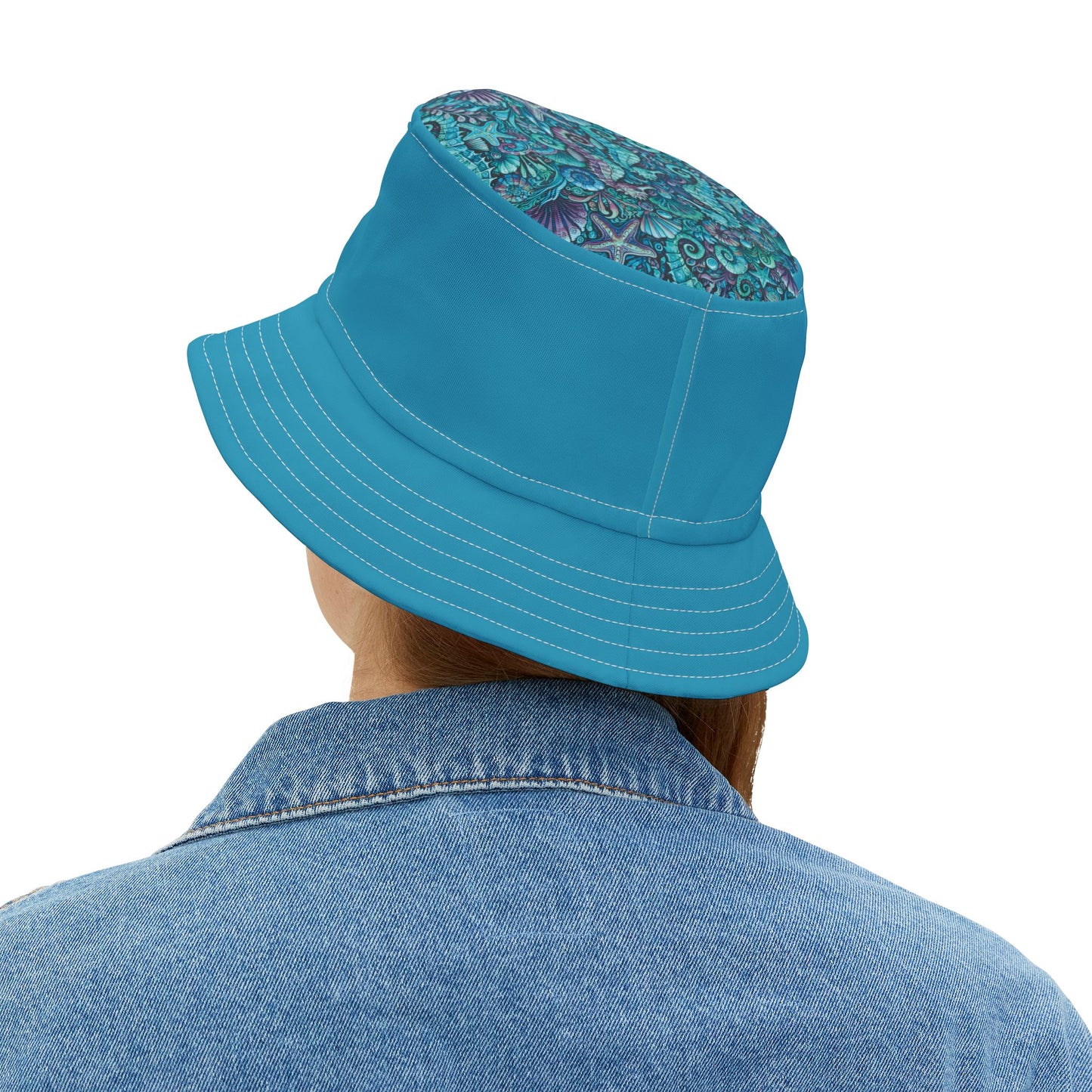 Tropical Polyester Bucket Hat, 2 Sizes - Seahorses Turquoise