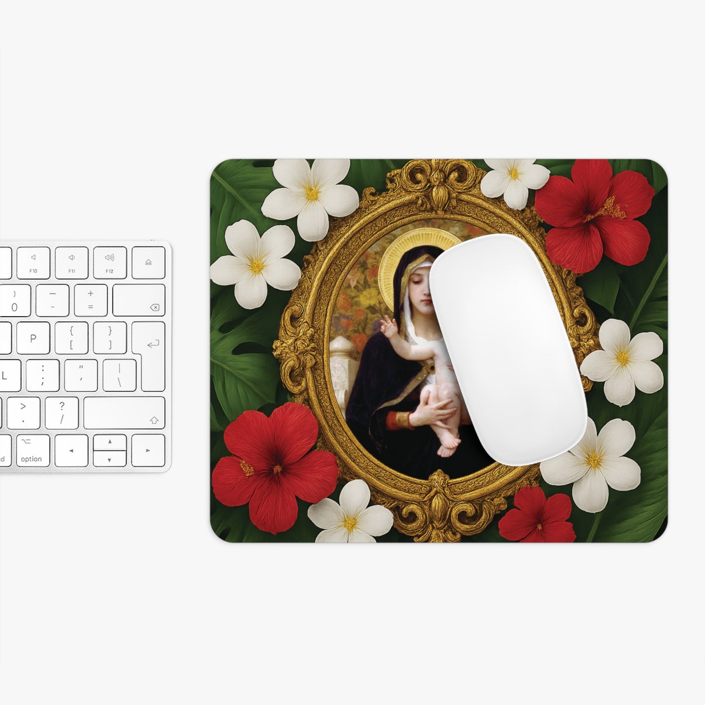 Religious Tropical Mouse Pad, 2 Shapes - Beach Vibes for Home Office & Gamer / Virgin of the Lilies