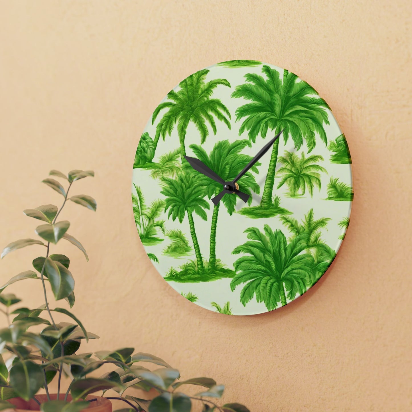 Acrylic Wall Clock,  Bright Green Palms, 4 Variants