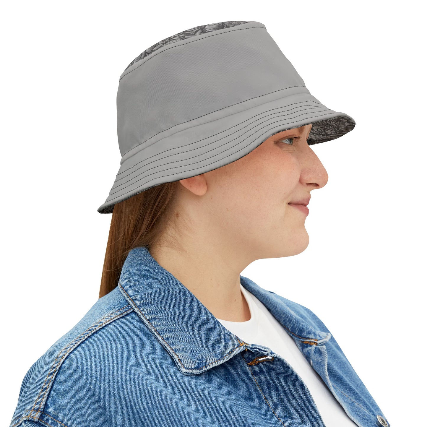 Tropical Polyester Bucket Hat, 2 Sizes - Seashorses Noir/Lt. Grey