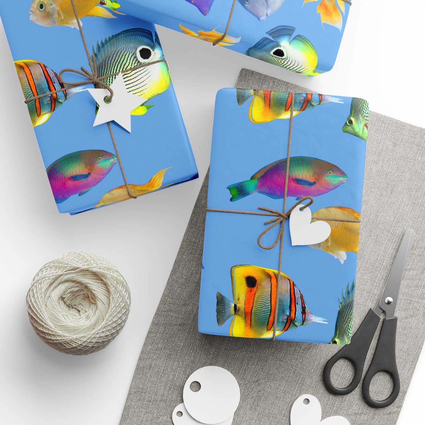 Wrapping Paper - Tropical Gift Wrap for All Occasions, 3 Sizes/2 Finishes / School of Fish, Lt. Blue