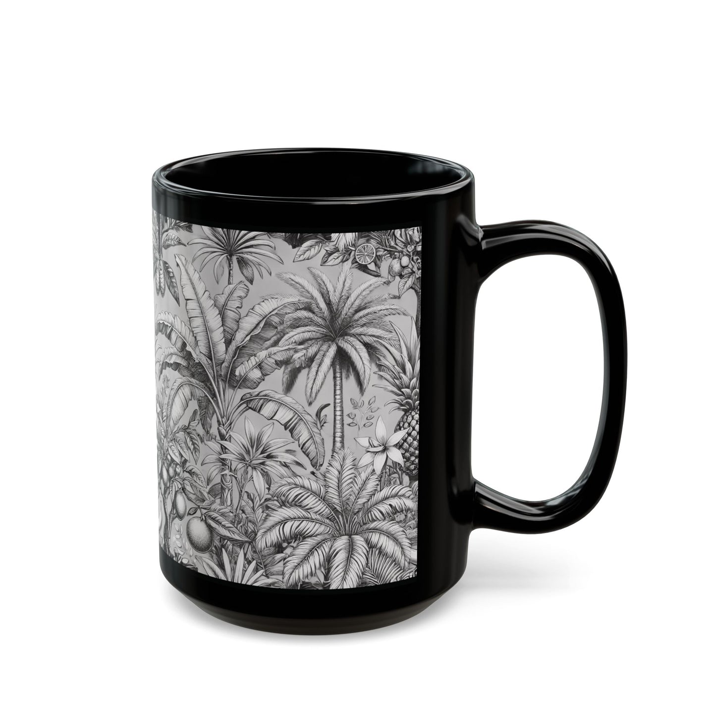 Black Coffee Mug - Tropical Fruit, Newspaper Ink