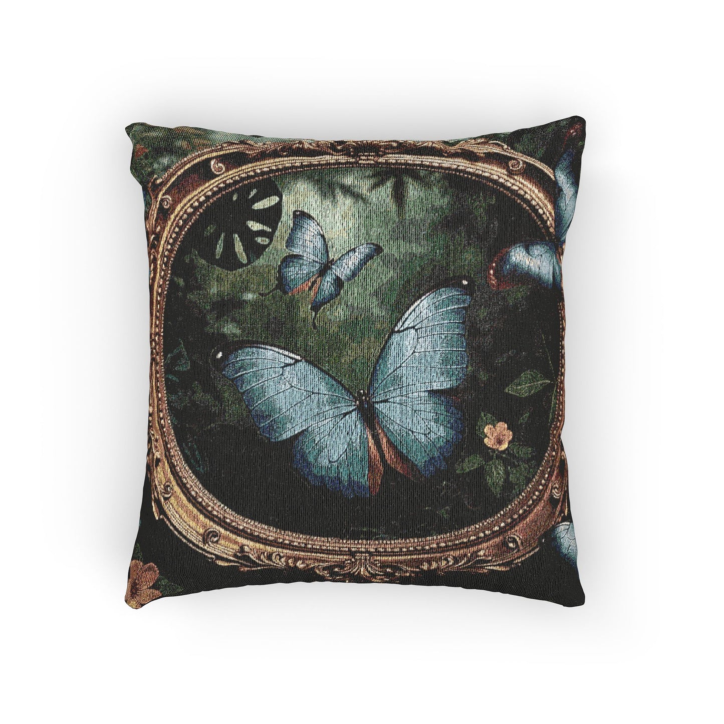 Woven Pillow, 17"W x 18"L - Framed Morpho Butterfly Dancers