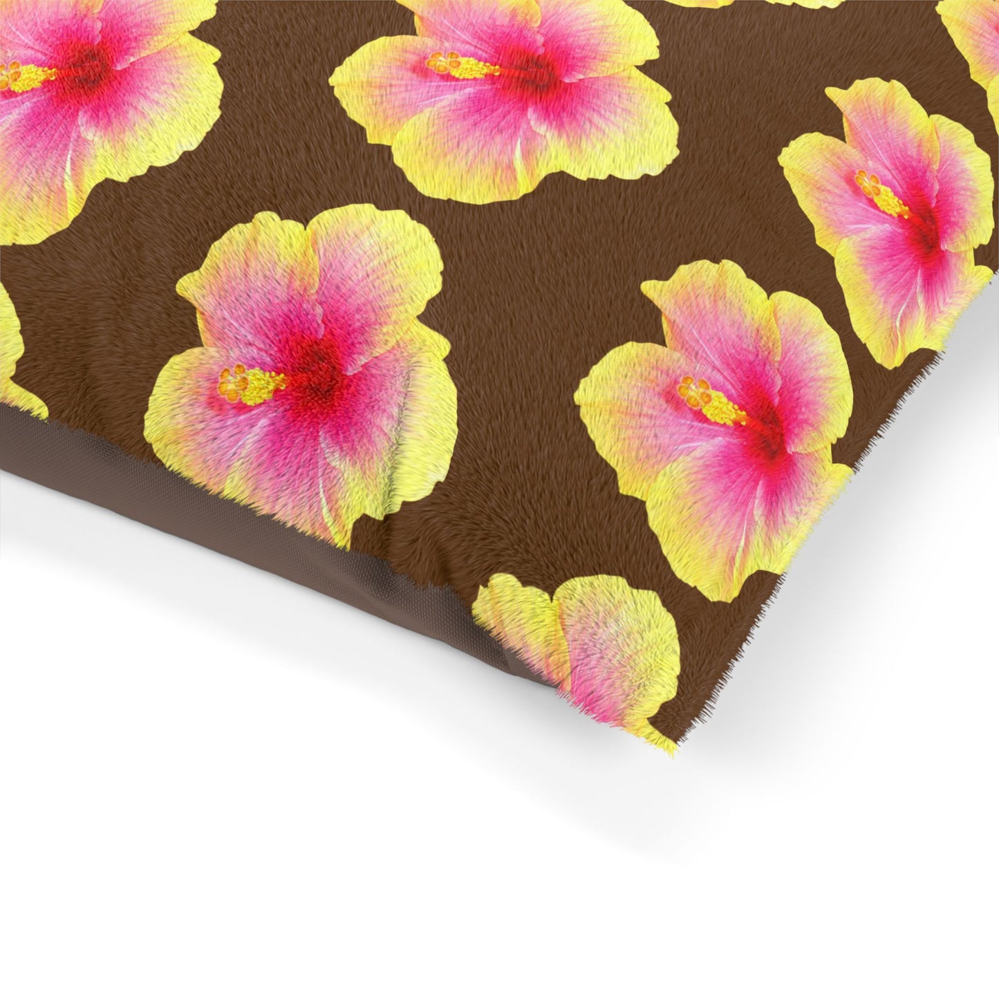 Pet Bed - Cozy and Fun Dog or Cat Bed for Beach Lovers / Real Yellow & Pink Hibiscus/Brown