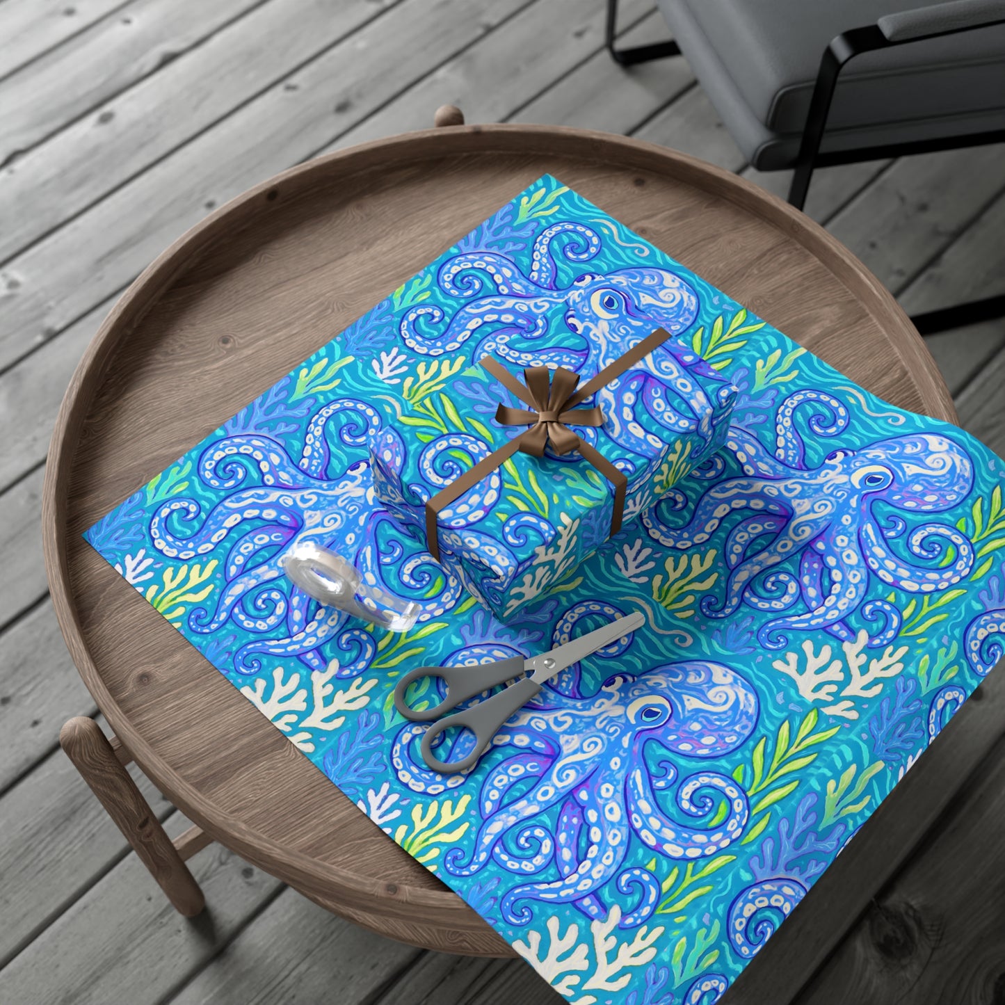 Wrapping Paper - Tropical Gift Wrap for All Occasions / 3 Sizes, 2 Finishes / Octopus Kraken Joe, Blue