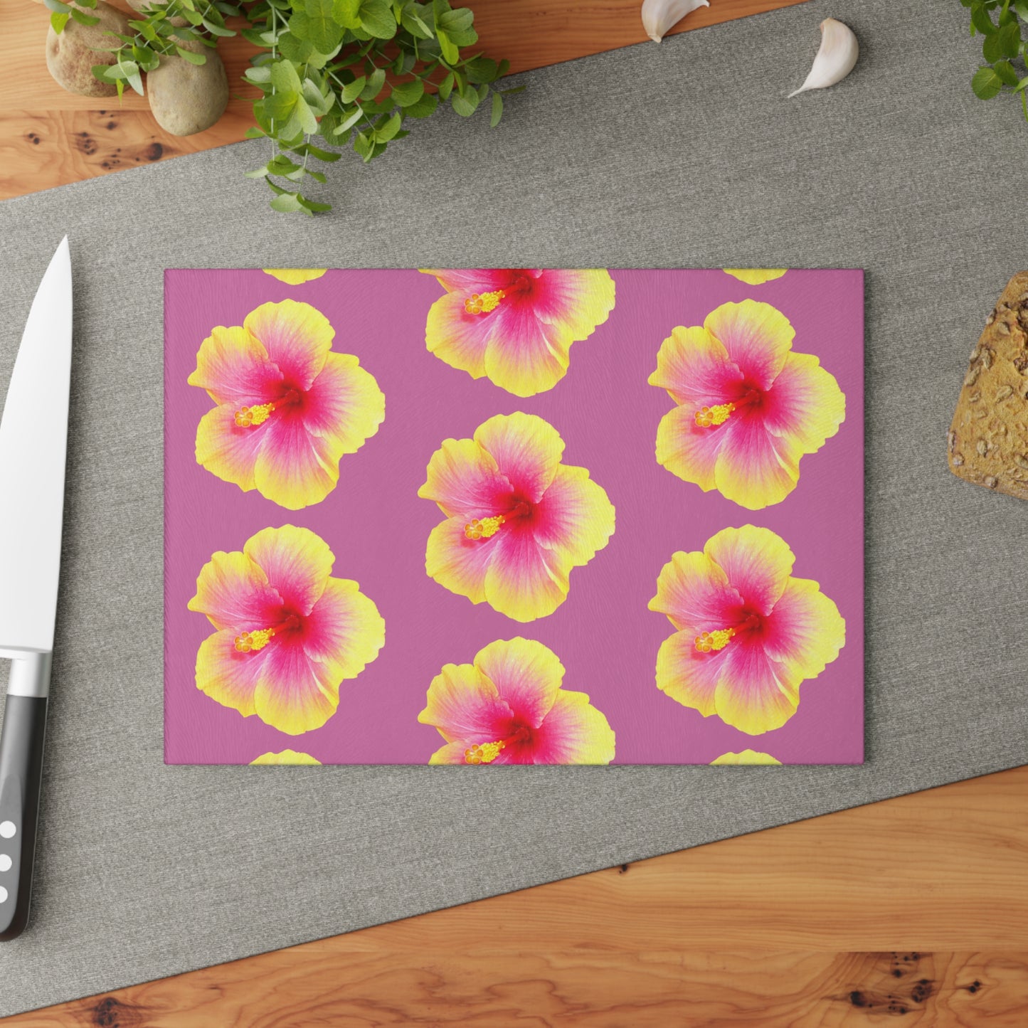 Glass Cutting Board, 2 sizes - Real Yellow & Pink Hibiscus/Lt. Pink