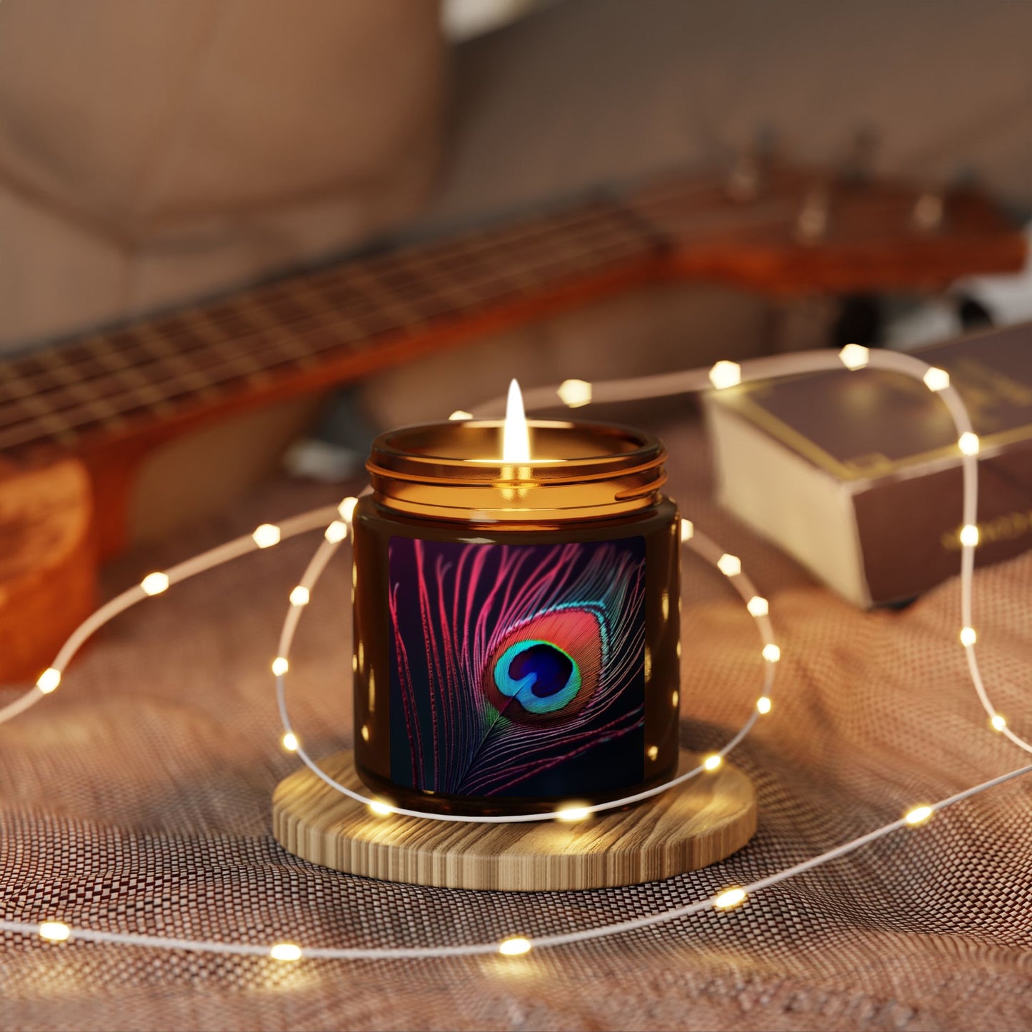 Soy Candle in Amber Jar - Multi-Size / Peacock Eye Feather, Magenta