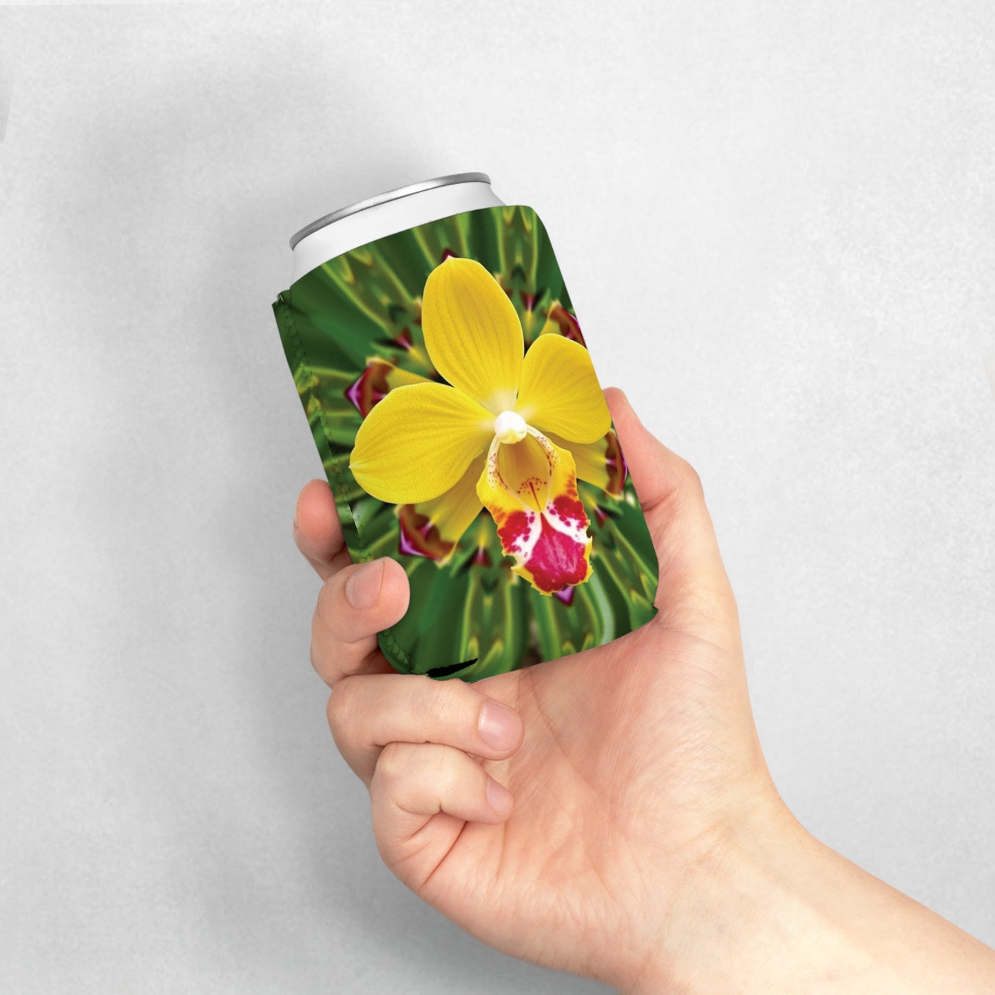 Kaleido Yellow Orchid Can Cooler Sleeve - Perfect for Outdoor Picnics