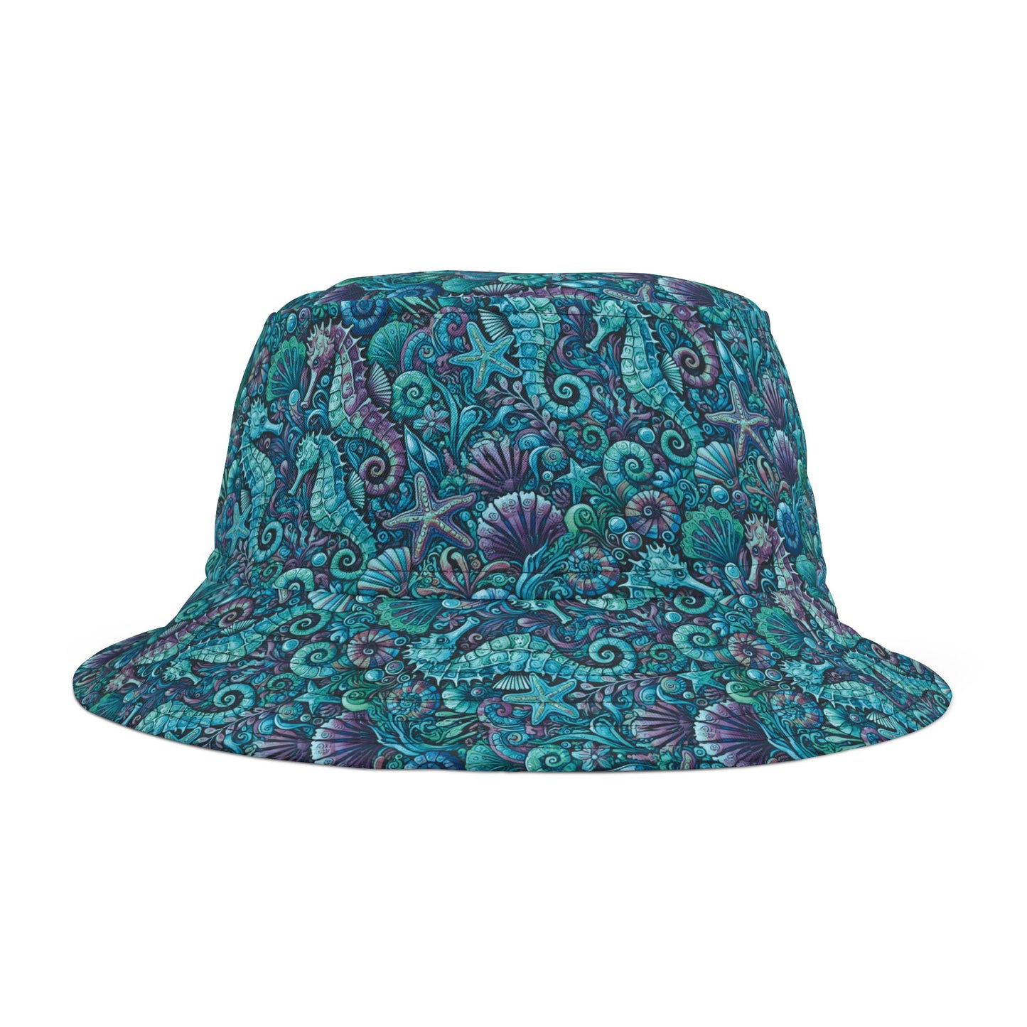 Tropical Polyester Bucket Hat, 2 Sizes - Seahorses Turquoise