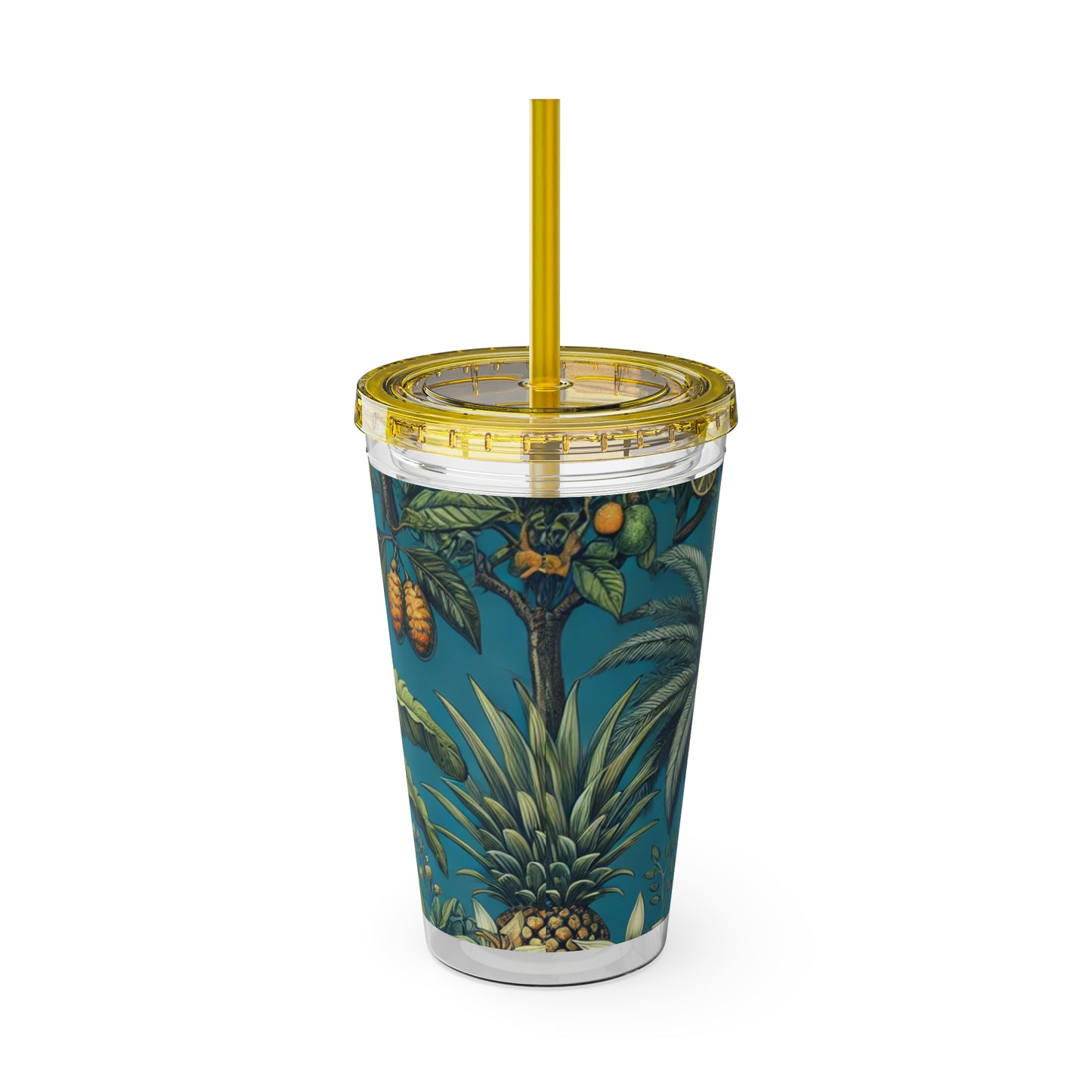 Tropical Tumbler with Straw | 16oz Colorful Travel Cup / Tropical Fruit Blue