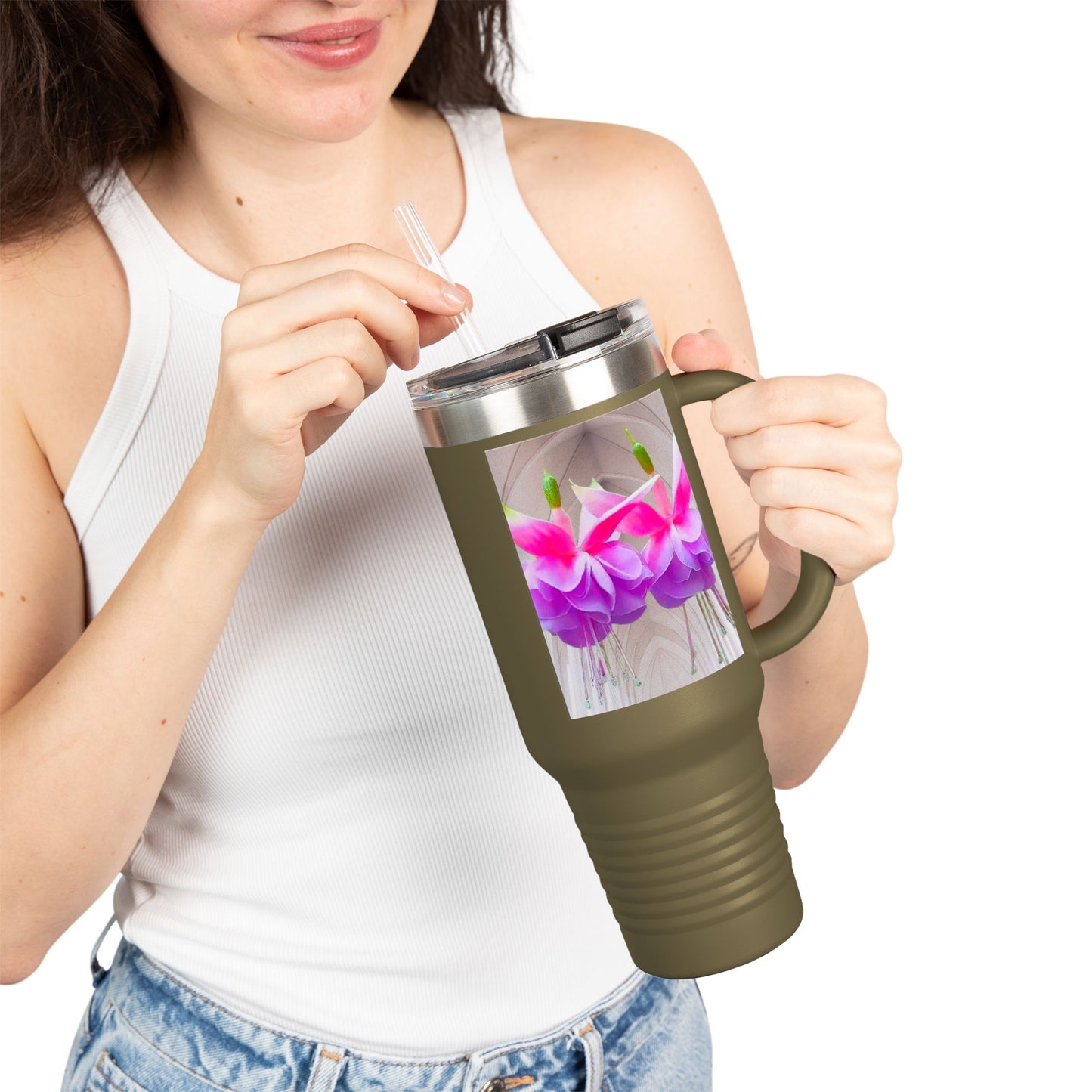 Insulated Travel Mug, 40oz / Floral Two Fuchsias, Gothic - Perfect for Outdoor Adventures