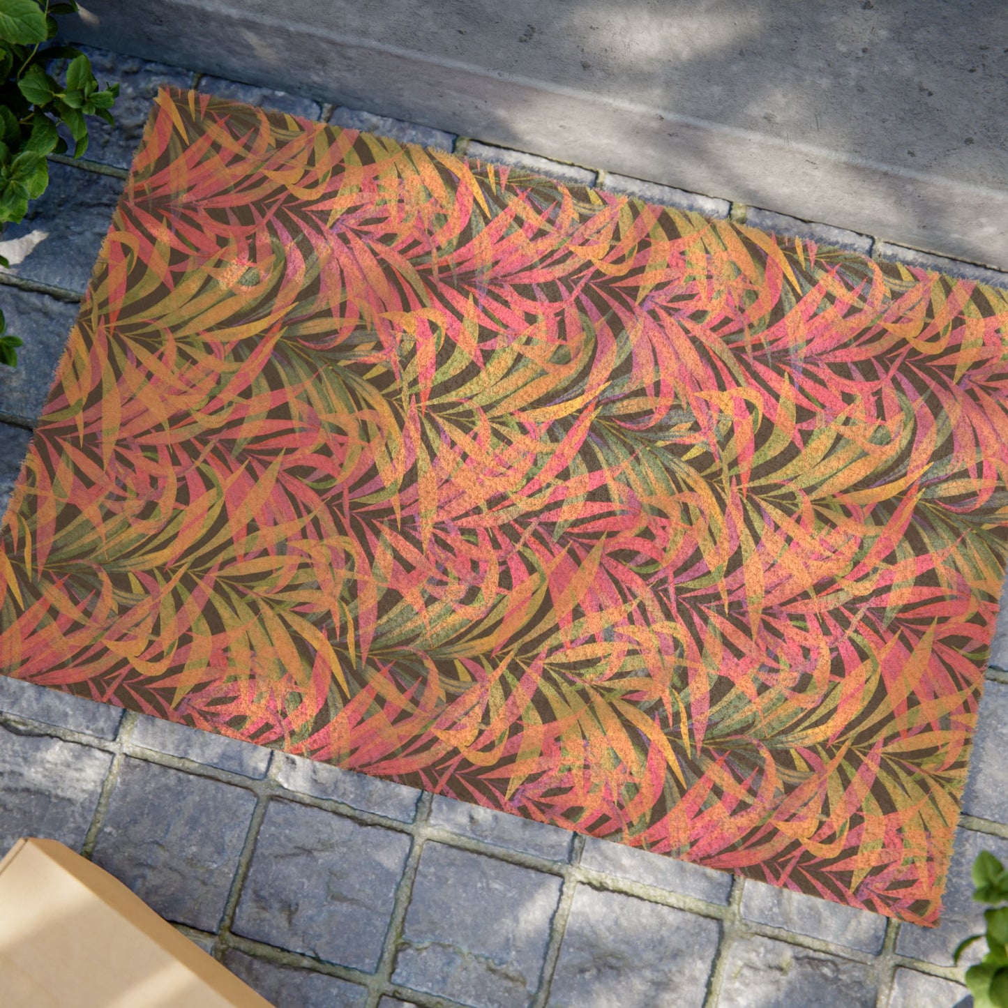 Tropical Botanical Doormat / Vibrant Coconut Fiber Entrance Mat / Rainbow Fronds