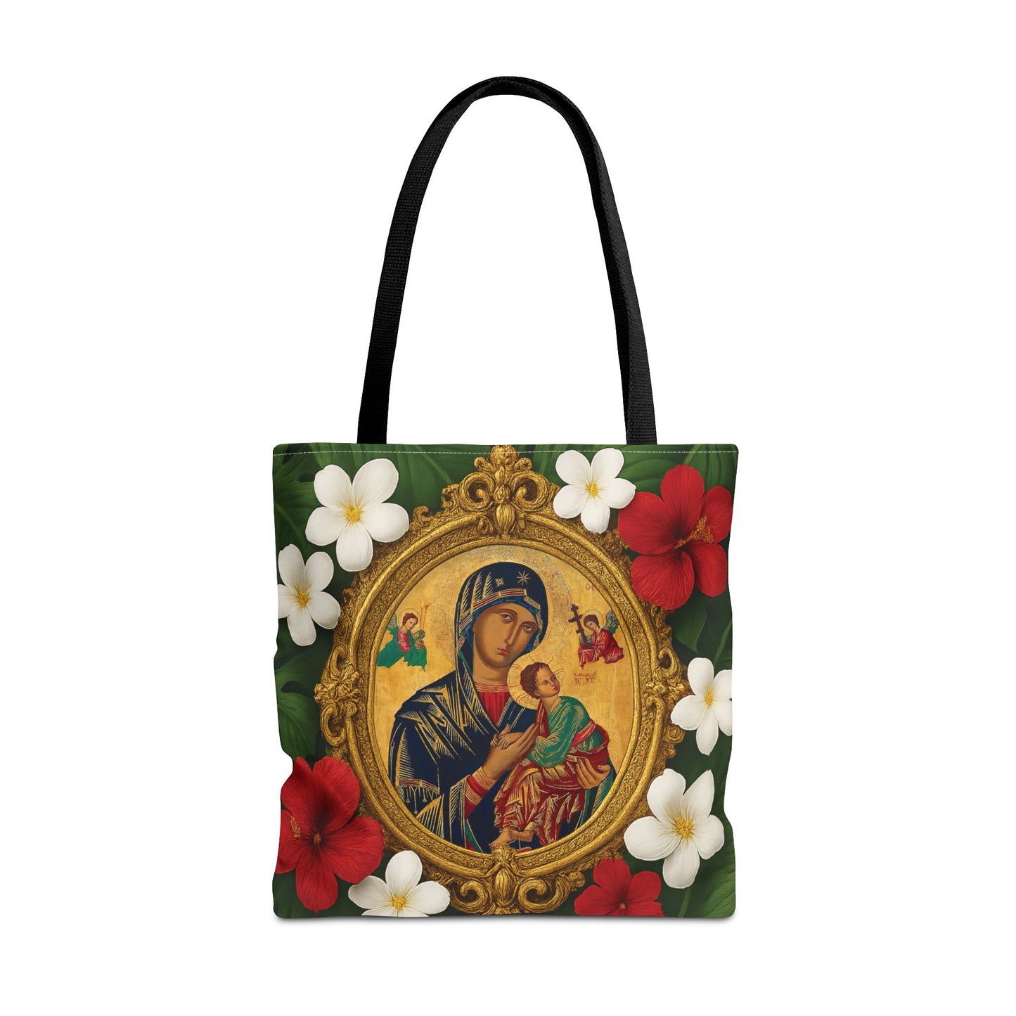 Religious Art Polyester Tote Bag, 3 Sizes / Our Lady of Perpetual Help, Red Flowers