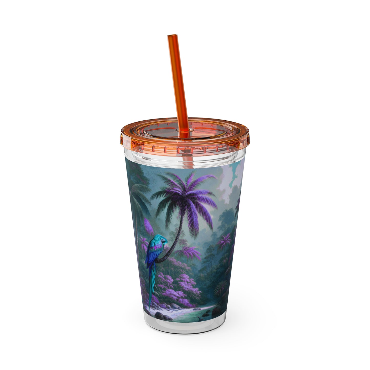 Tropical Tumbler with Straw | 16oz Colorful Travel Cup / Sleeping Parrot/Fantasy