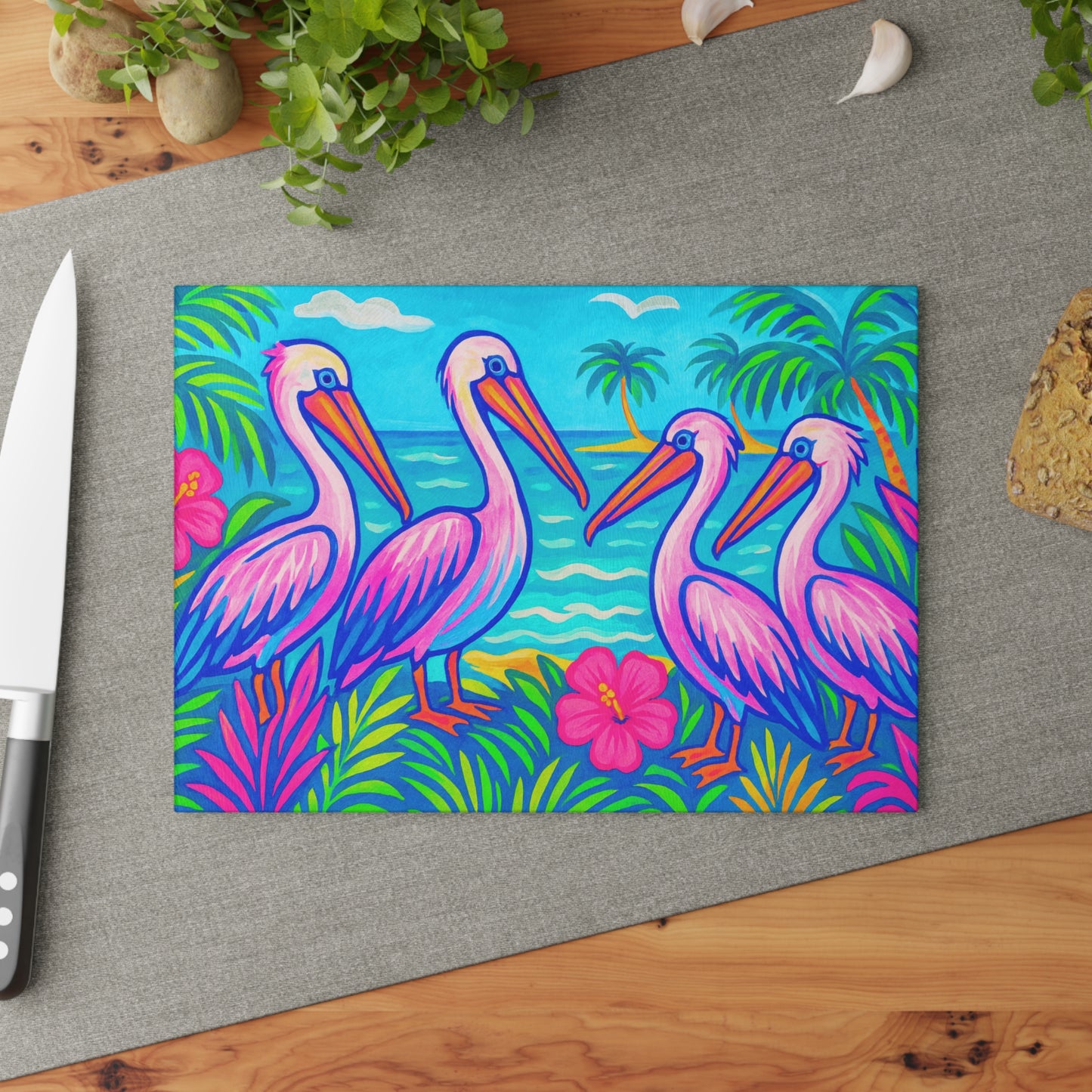 Glass Cutting Board, 2 sizes - Beach Pelican Party