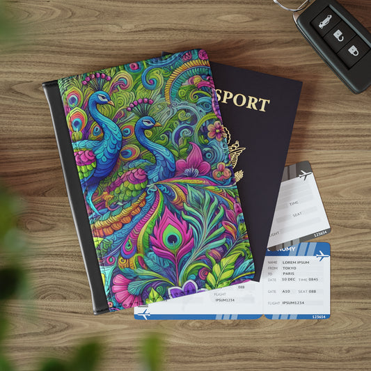 Tropical Passport Cover, Faux Leather - RFID blocking for travel security / Rainforest Peacocks Pop