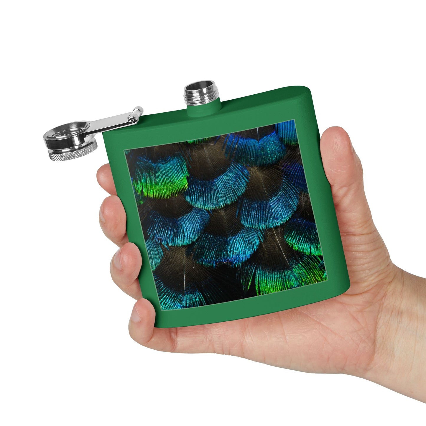 Tropical Stainless Steel 6 oz. Flask, Many Colors  – Real Eyelash Blue/Green Peacock Feathers