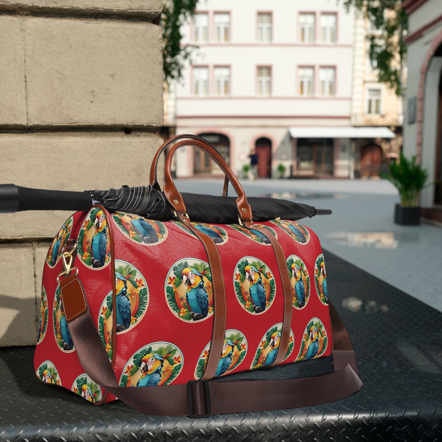 Tropical Waterproof Travel Bag - Perfect for Beach Getaways / My Pet Parrot, Dark Red