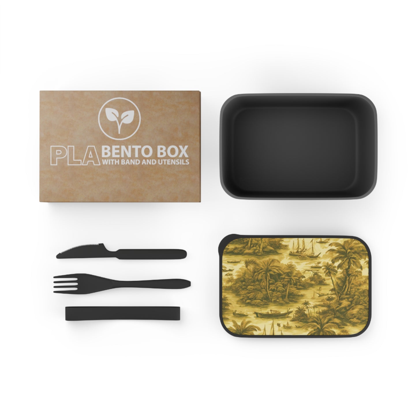 Bento Box with Utensils - Tropical Toile #1 gold