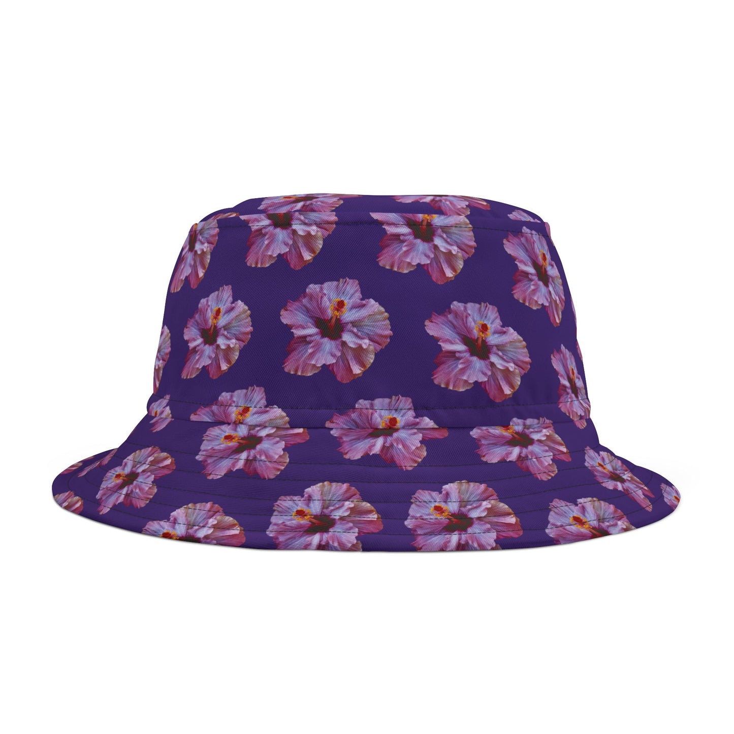 Tropical Polyester Bucket Hat, 2 Sizes - Purple Hibiscus/Purple