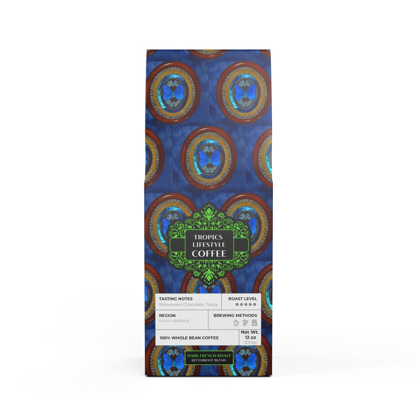 Black Coral Blend™ (Dark French Roast) Specialty Grade Craft Coffee / Real Framed Brazilian Butterflies