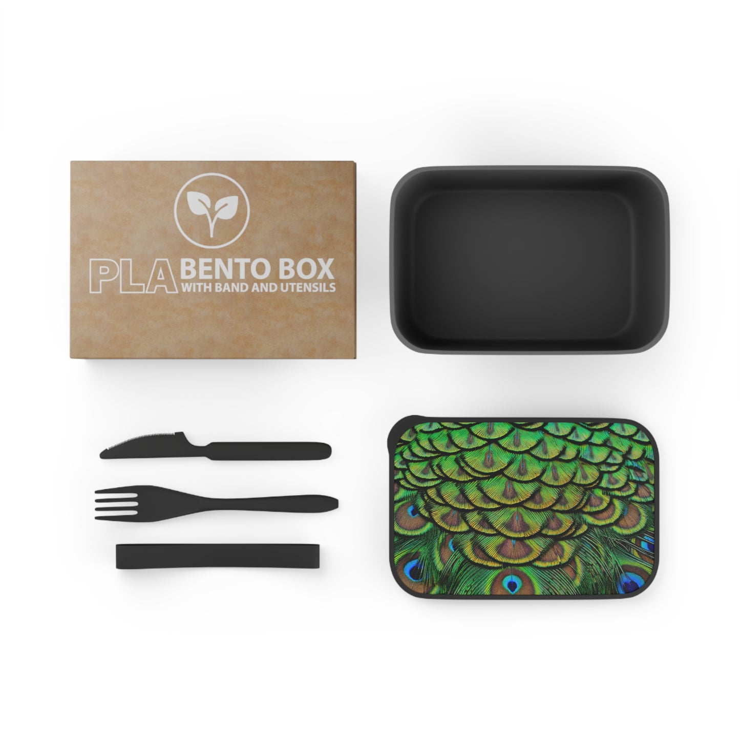 Bento Box with Utensils - Lovely Green Peacock Feathers