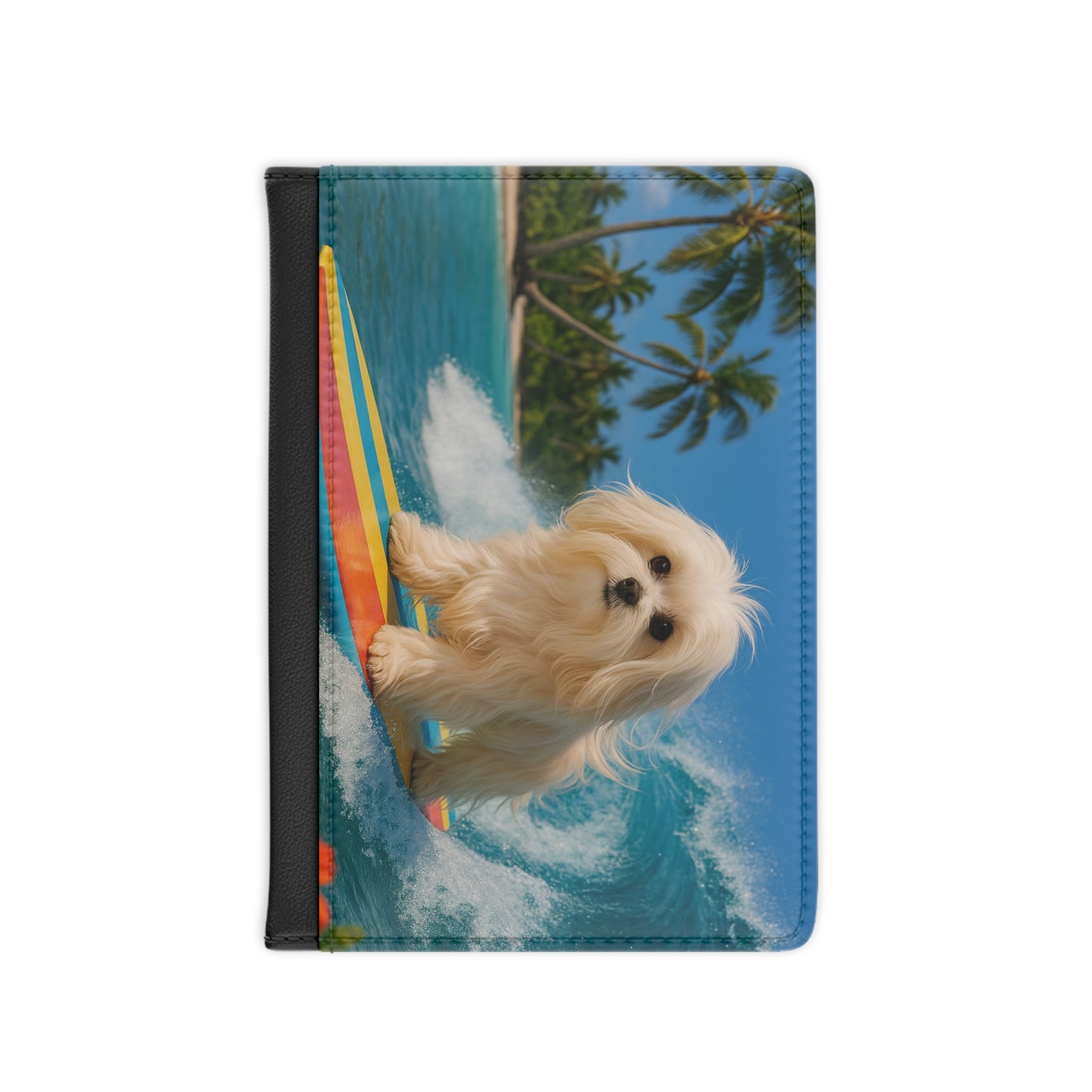 Tropical Passport Cover, Faux Leather - RFID blocking for travel security / Puppy Ariel the Dog Surfer