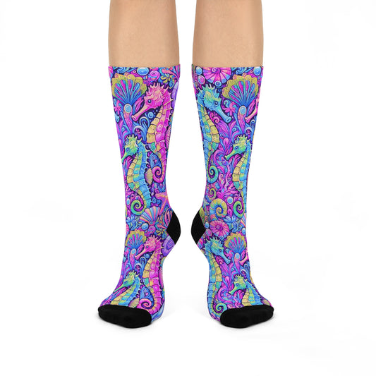 Cushioned Crew Socks - Seahorses, Fantasy Pop