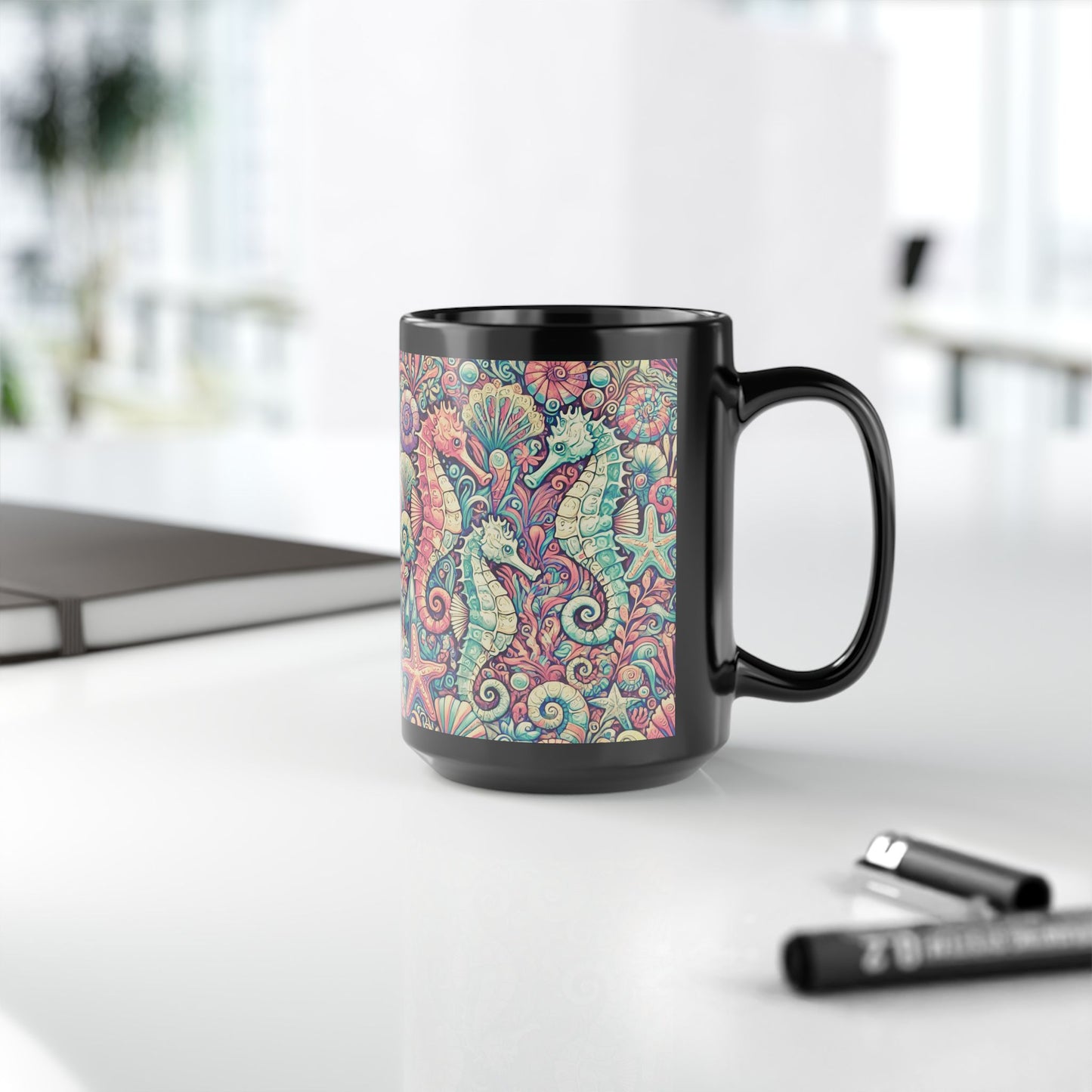Black Coffee Mug - Seahorse Trio, Retro
