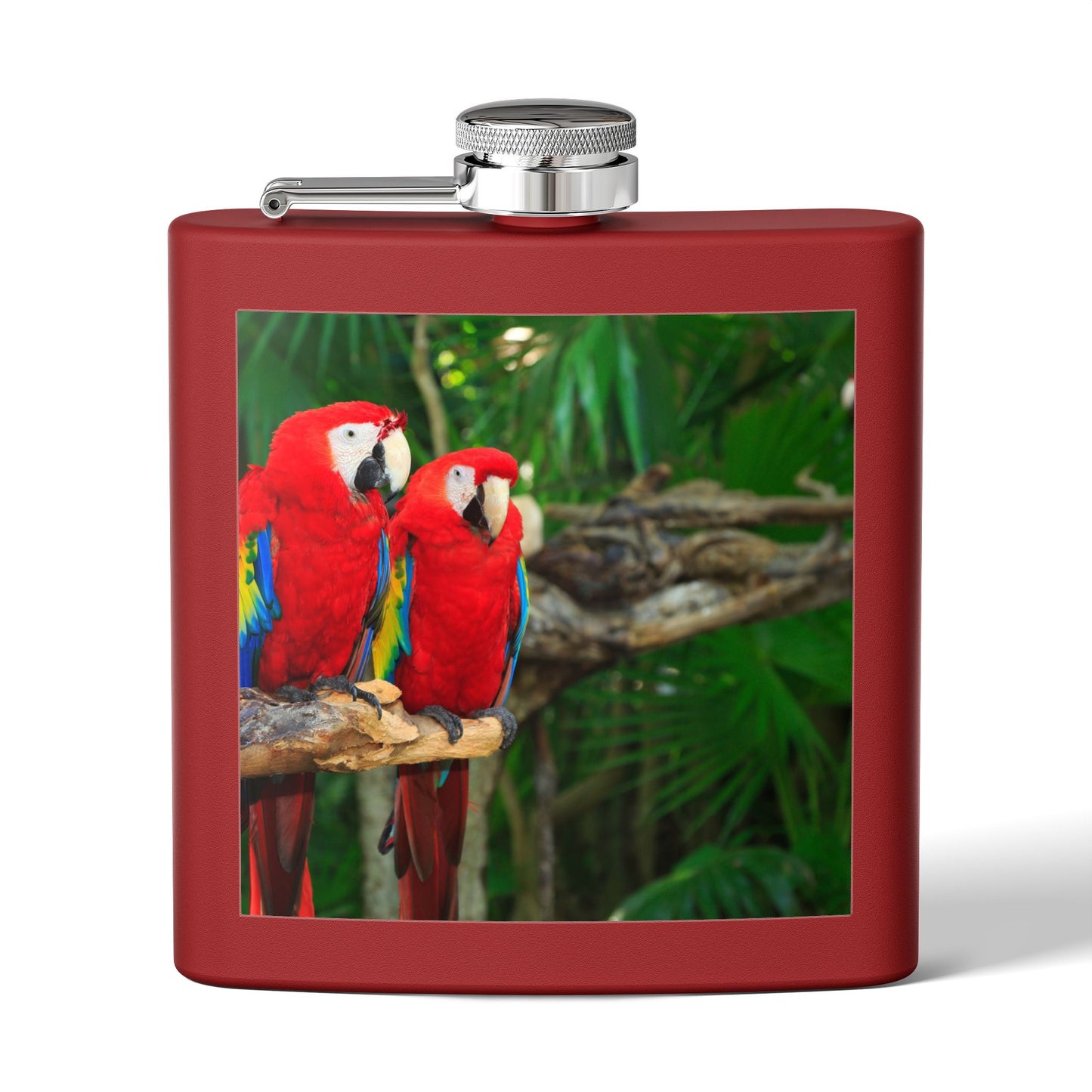 Tropical Stainless Steel 6 oz. Flask, Many Colors  – Two Red Parrots