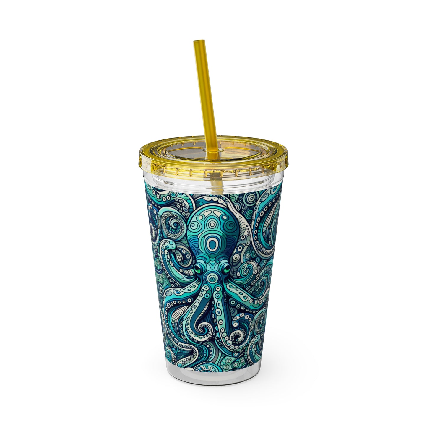Tropical Tumbler with Straw | 16oz Colorful Travel Cup / Aqua Octopus