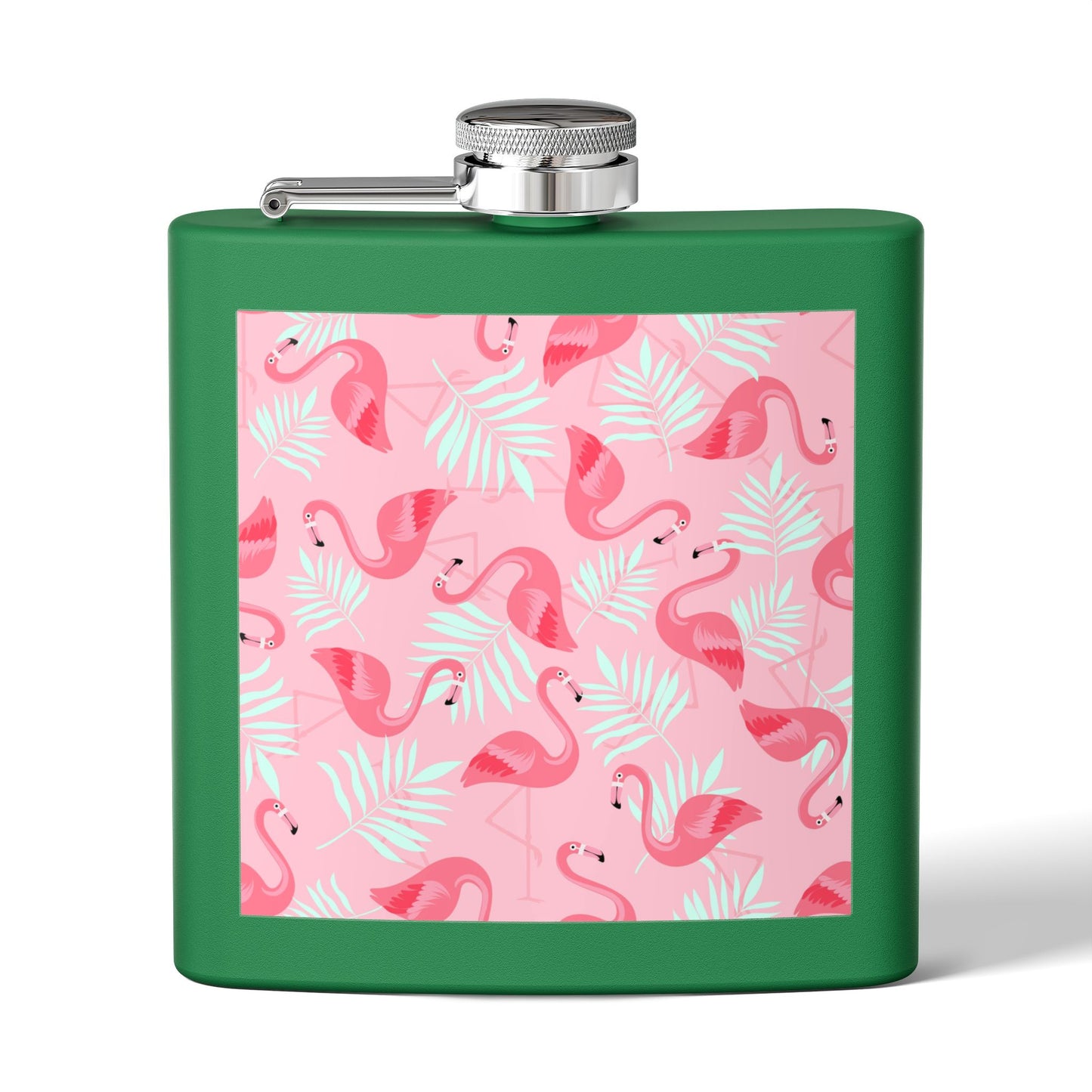 Tropical Stainless Steel 6 oz. Flask, Many Colors  – Flamingos and White Palms