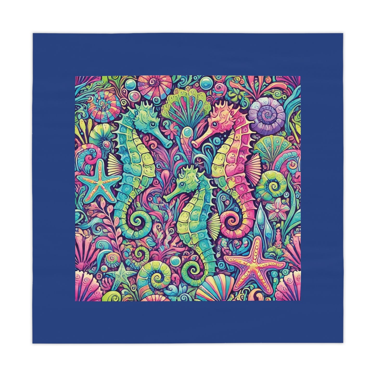 Seahorse Trio/Dark Blue ~ Square Tablecloth, 55" x 55"