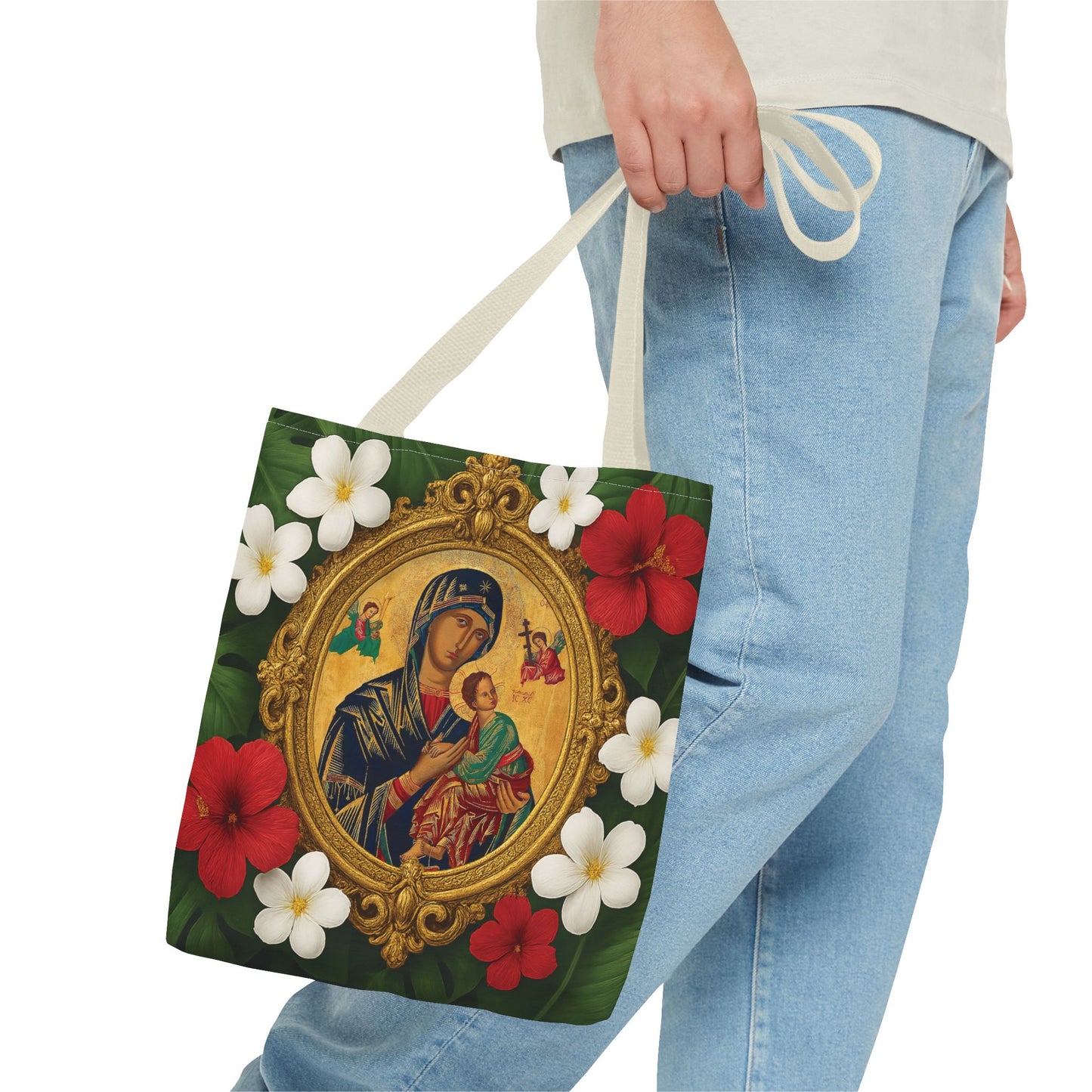 Religious Art Polyester Tote Bag, 3 Sizes / Our Lady of Perpetual Help, Red Flowers