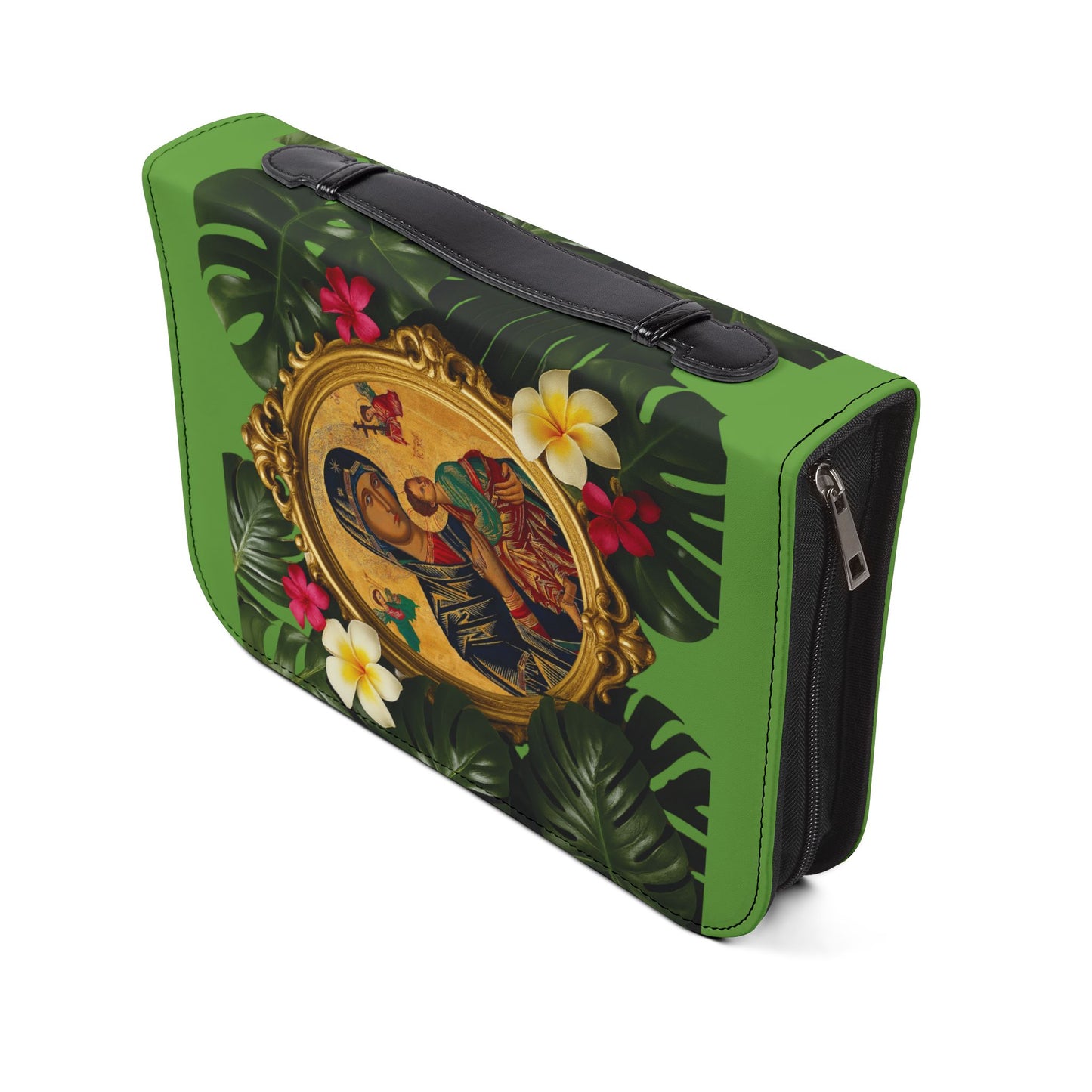 Tropical Bible Cover, Our Lady of Perpetual Help, Green / Floral Bible Protector, Christian Church Accessories