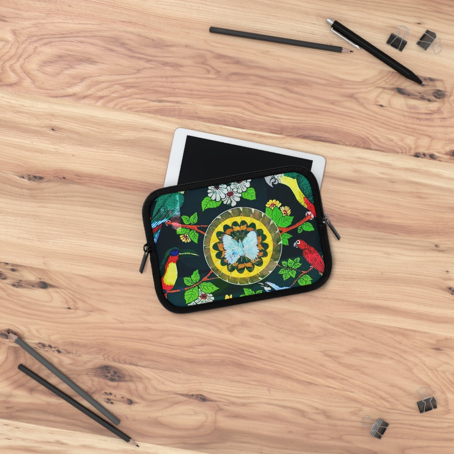 Tropical Laptop Sleeve, 5 Sizes - Perfect for Beach Lovers & Students / Parrots & Real Butterfly Wings Art